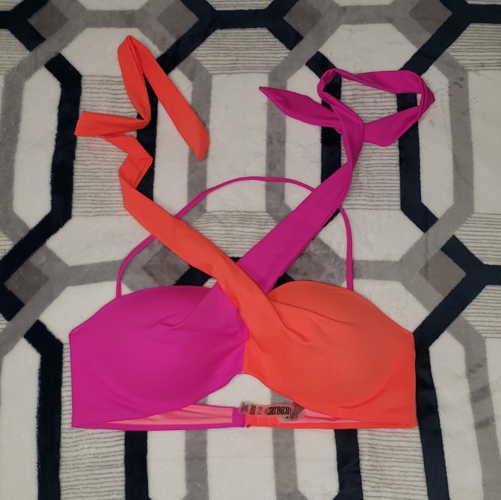 💋 Victoria Secret PINK Push Up Bandeau Swim Bikini Top Orange Pink Large